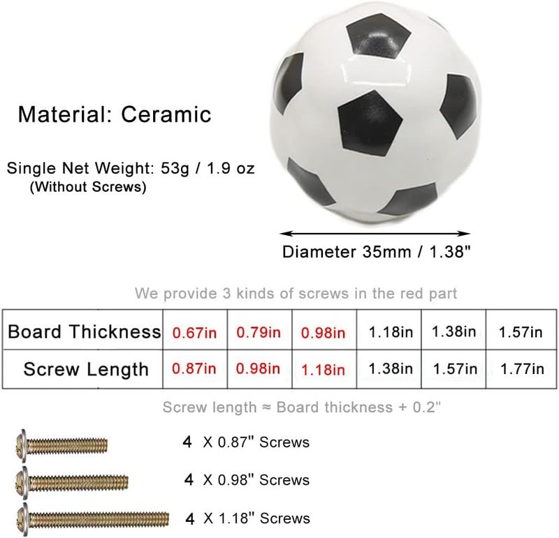 ESreake Heavy Ceramic Soccer knobs Football Knobs, 4 Packs Ball Sports Party Theme Children and Baby Home Decor Drawer Knobs Pulls Handles for Dresser Cupboard Wardrobe Cabinet Kitchen (4, Soccer-w) - Image 2